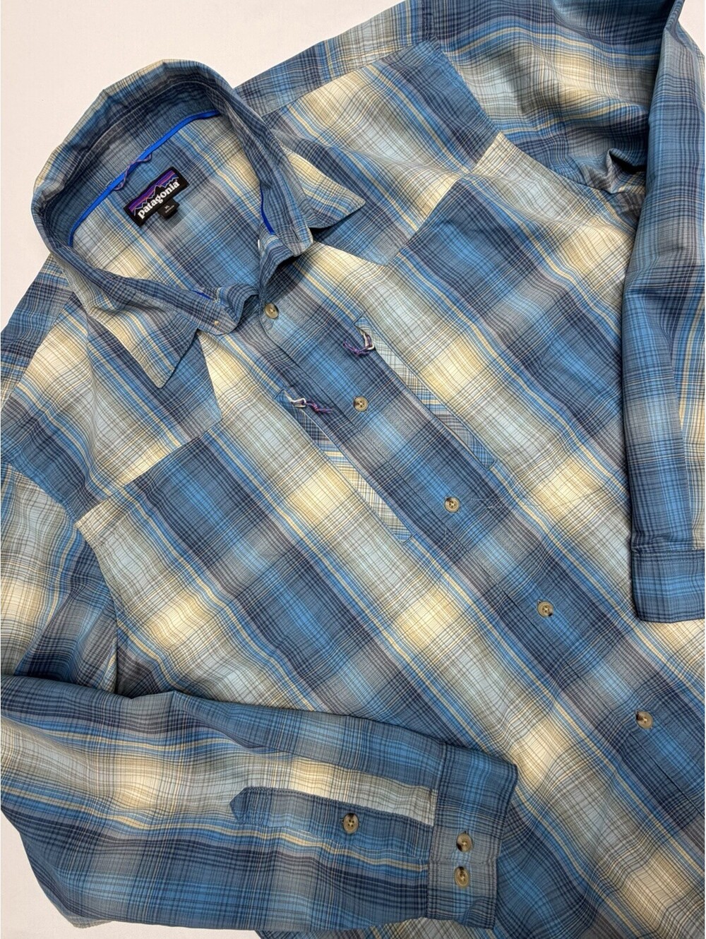 Patagonia Sun Stretch Shirt Mens XL Blue Plaid Long Sleeve Fishing 52198